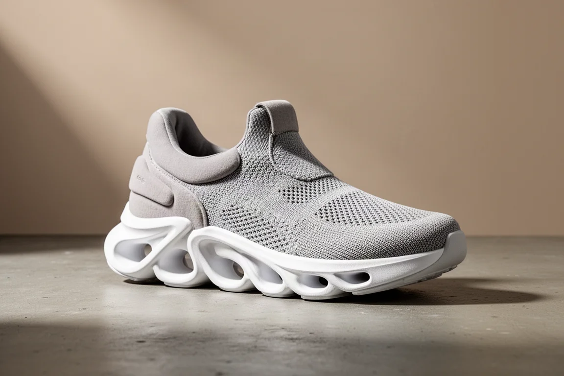 Cushioned running shoe with tube-cut midsole on a concrete surface