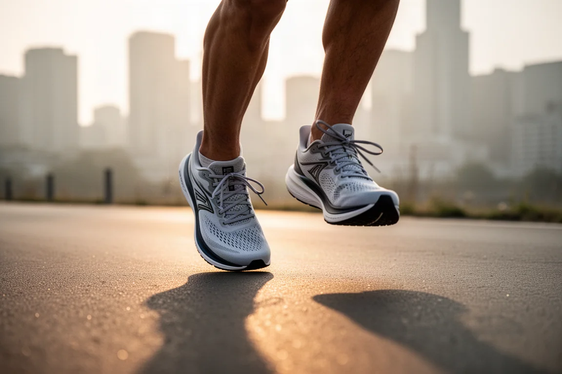 Runner lacing up a cushioned daily trainer on a city sidewalk in soft morning light
