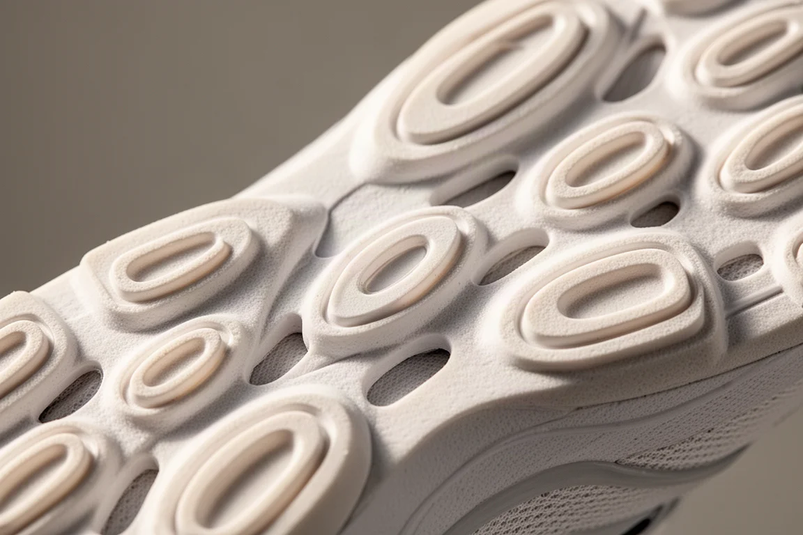 Close-up of a running shoe midsole showing oval cutouts through the foam