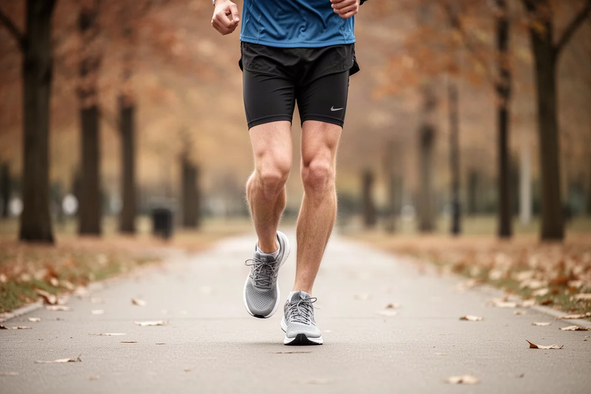 Runner striding along a paved park path during easy morning miles