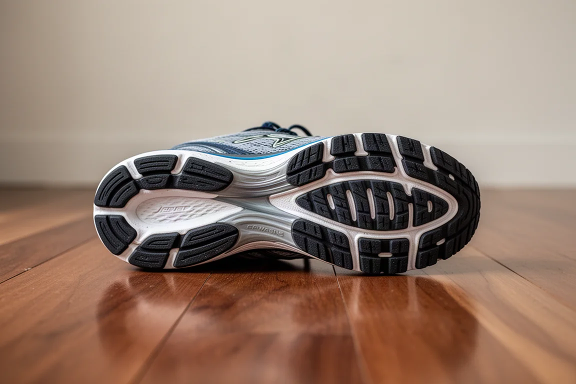 Two running shoes with white and cream uppers side by side on a wooden bench