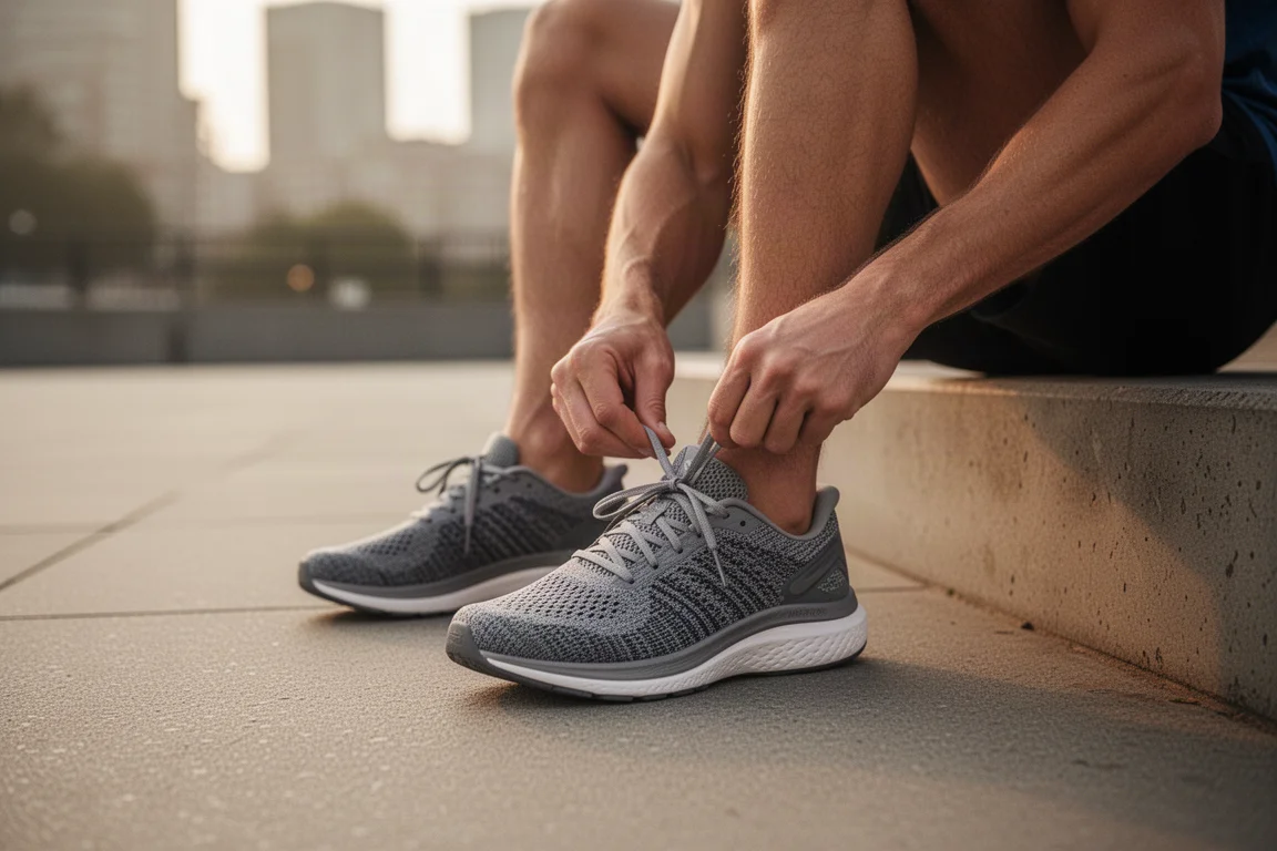 Corridore che allaccia scarpe da running ammortizzate su un marciapiede cittadino nella luce del tardo pomeriggio
