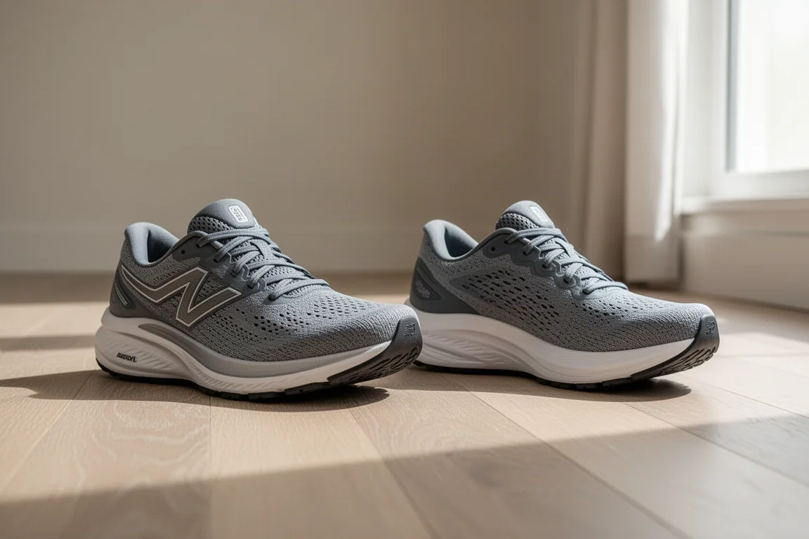 Due scarpe da running affiancate su un pavimento di legno per un confronto
