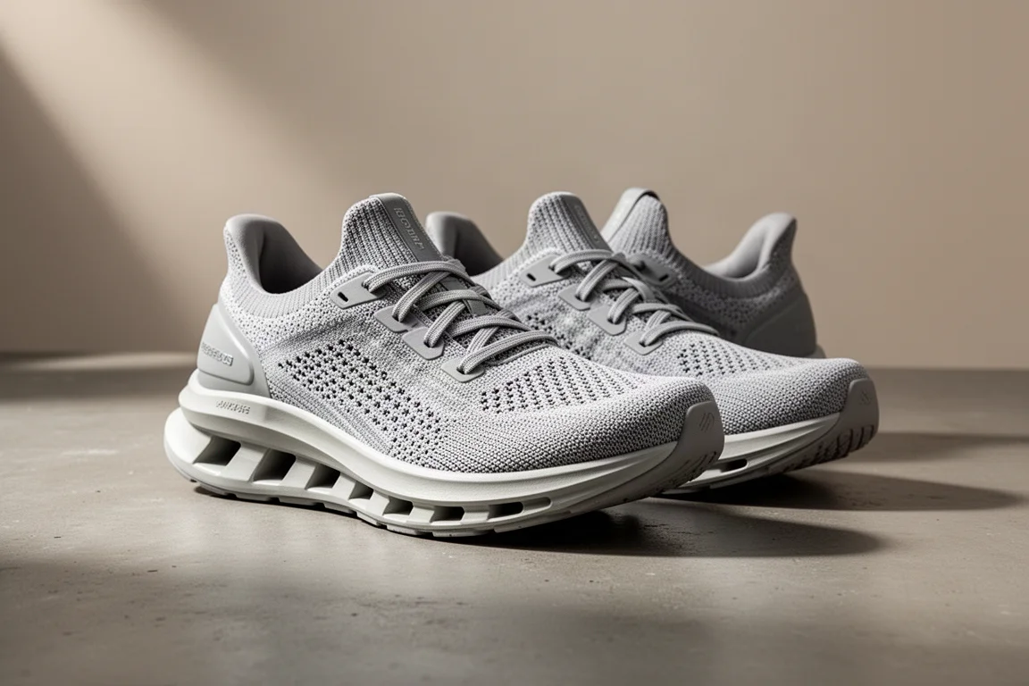 Pair of cushioned rocker running shoes with segmented midsole on concrete