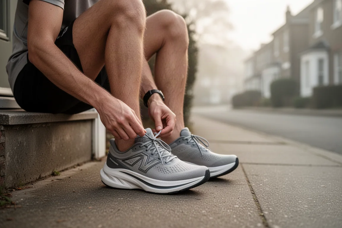 Läufer schnüren Straßenschuhe auf einer Haustürschwelle vor einem Lauf am frühen Morgen