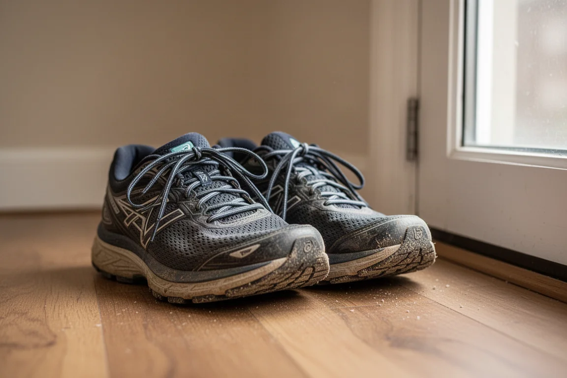 Laufschuhe ruhen neben einer Tür nach einem abgeschlossenen Training