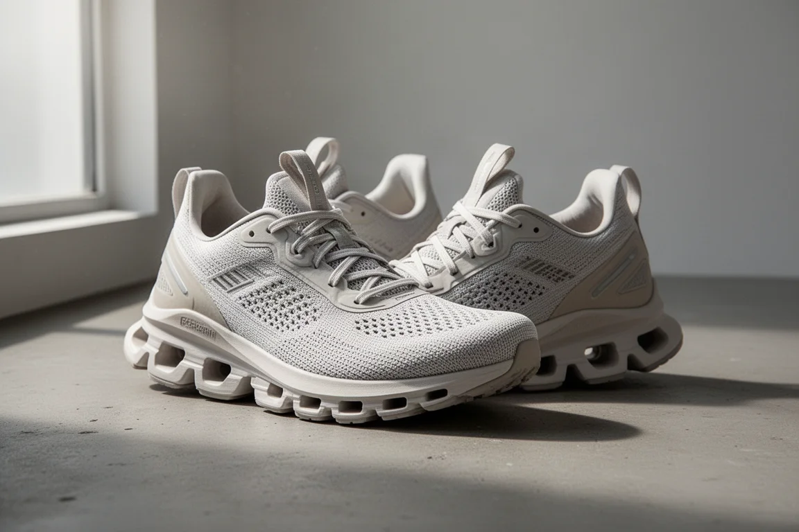 Pair of modern road running shoes with thick cushioned midsoles on concrete surface