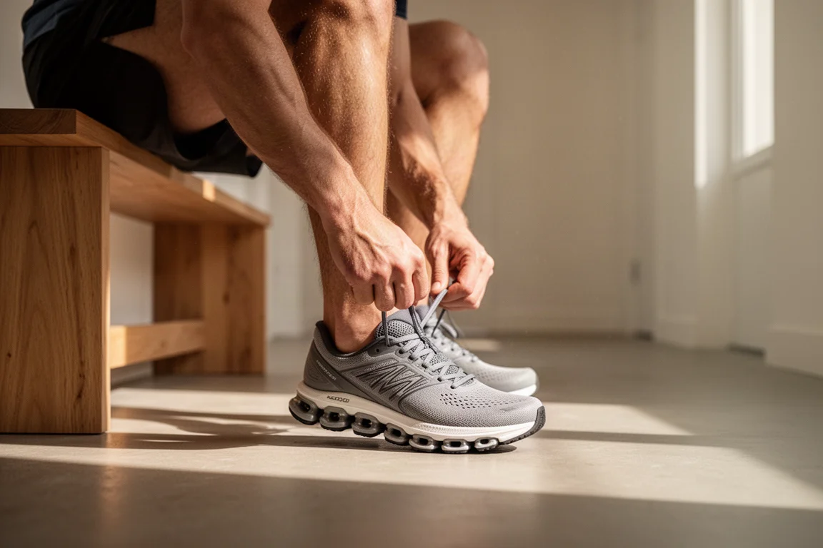 Runner lacing up a cushioned running shoe before an easy morning run