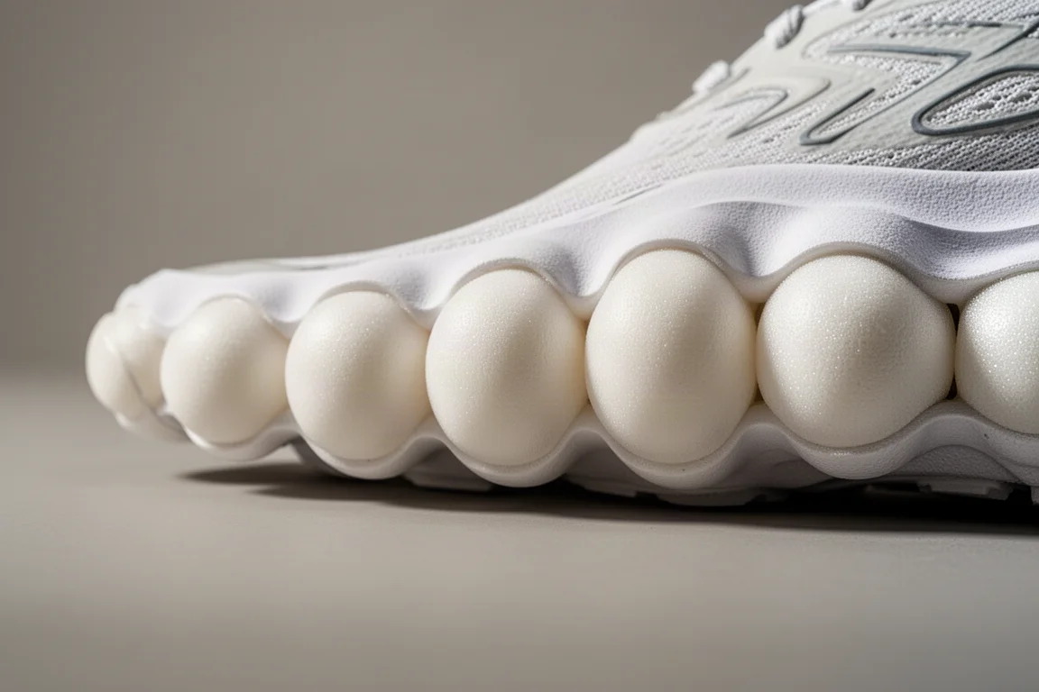 Close-up of a cushioned running shoe midsole showing rounded foam pods