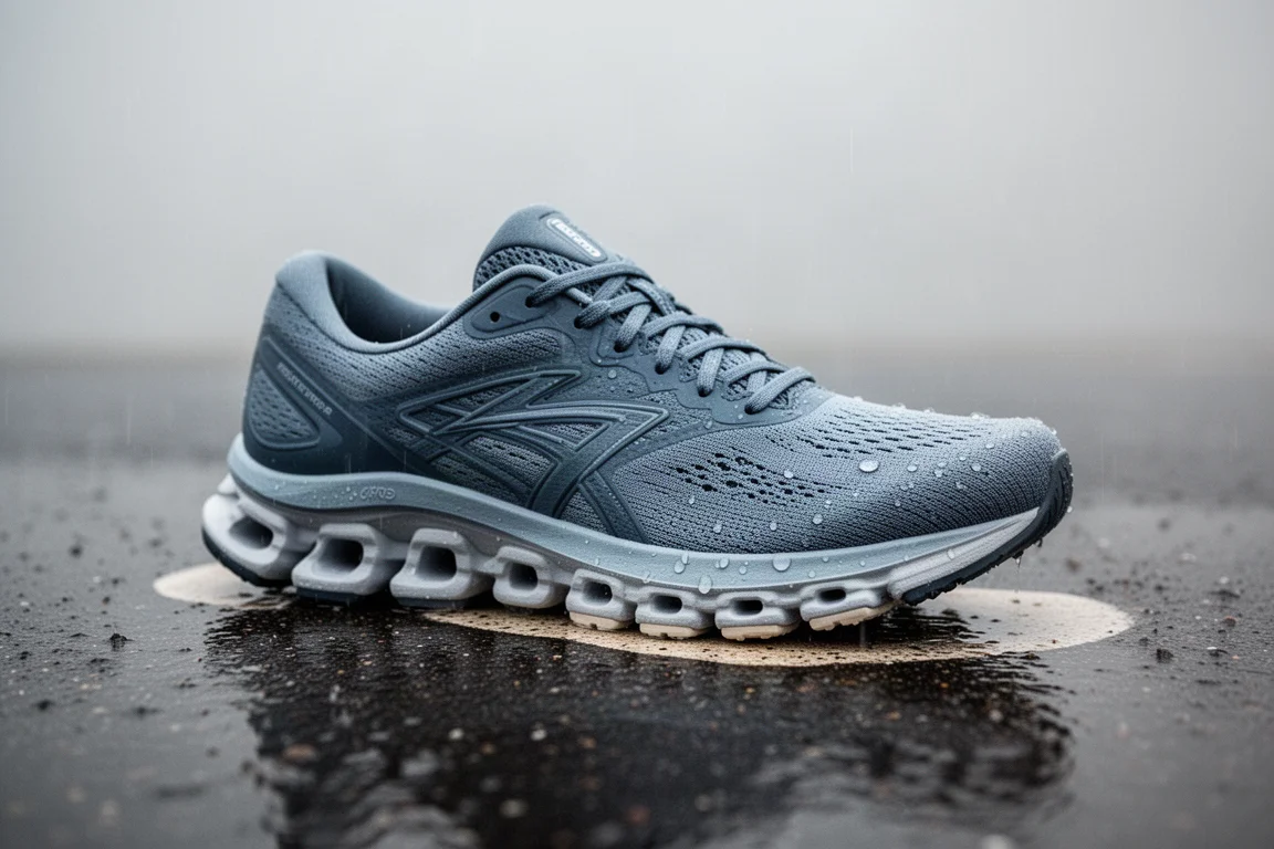 Running shoe resting on wet pavement after a rain shower