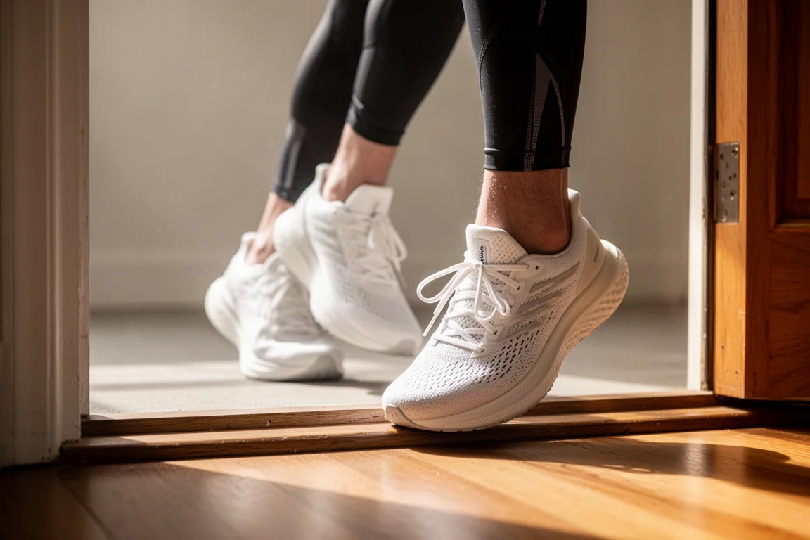 Hardloper die op een drempel een paar gedempte hardloopschoenen aan het strikken is