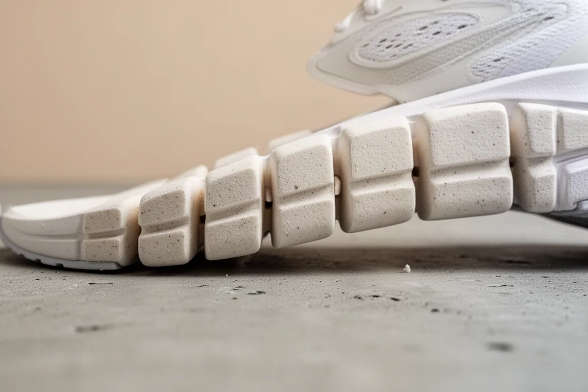 Close-up van samengeperst schuim in een segmentierte tussenzool van een hardloopschoen