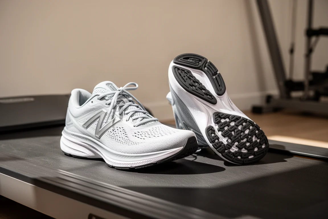 Twee hardloopschoenen naast elkaar op een loopband