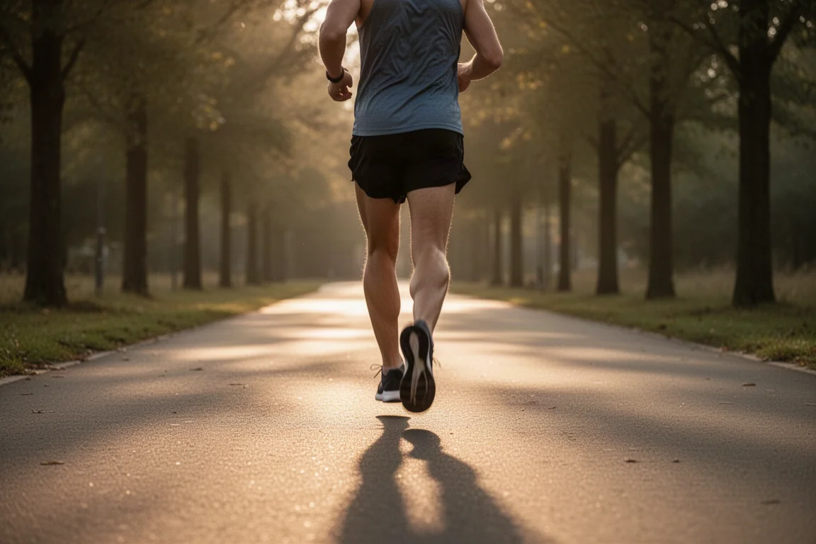 Hardloper die een rustige lange duurloop afsluit op een stille verharde weg tijdens het gouden uur