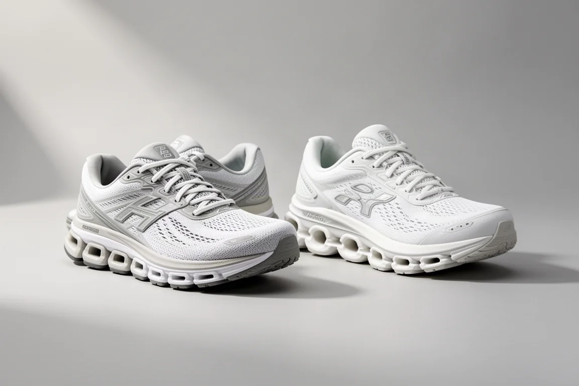 On Cloudsurfer 7 and On Cloudmonster running shoes side by side on a neutral backdrop