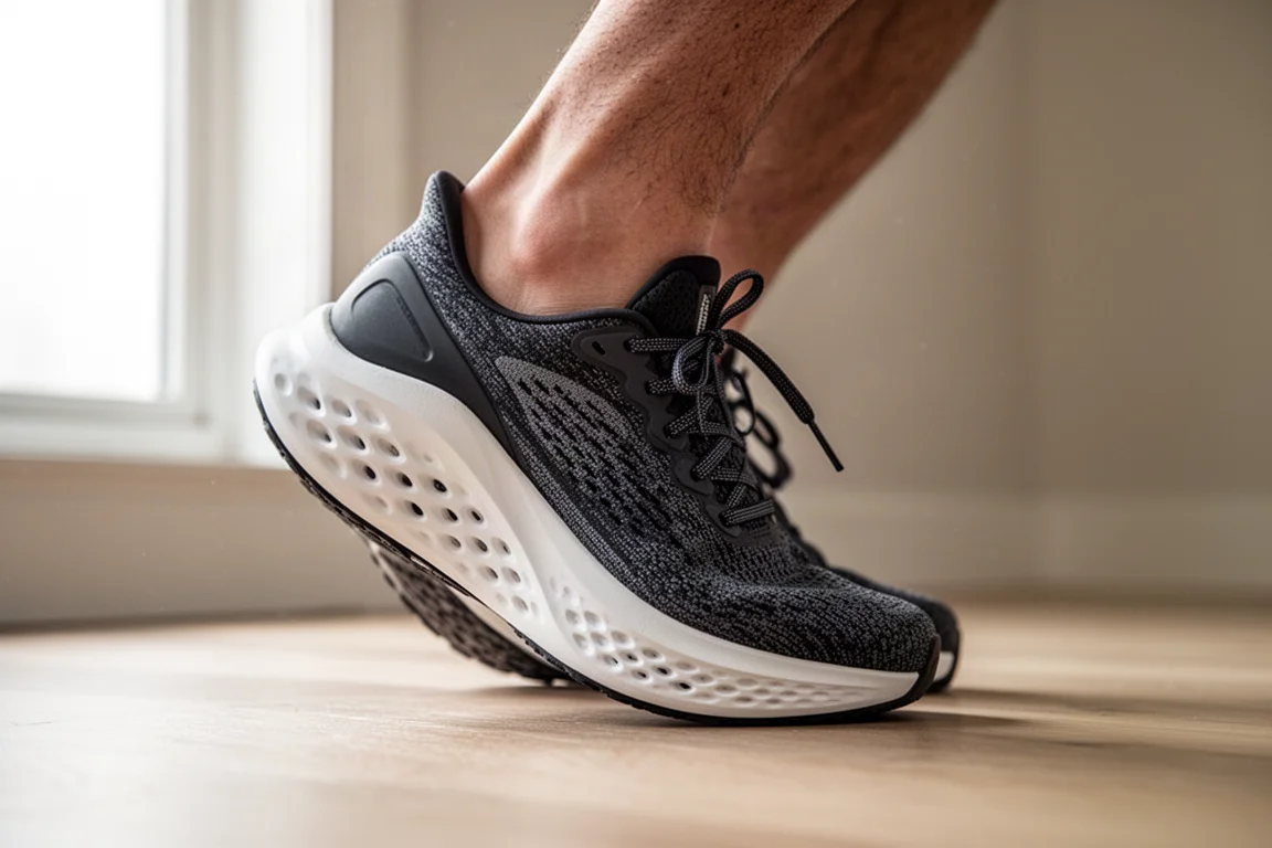 Runner lacing up a modern running shoe on a wooden floor