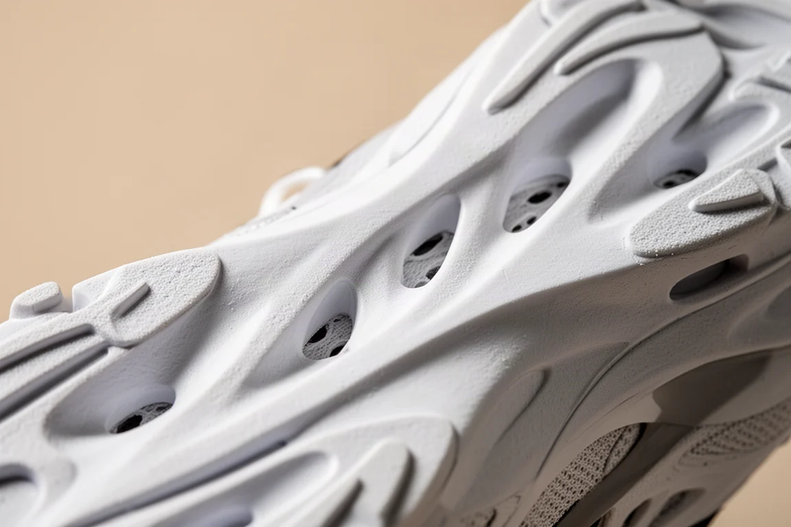 Close-up of a running shoe midsole showing perforated foam openings