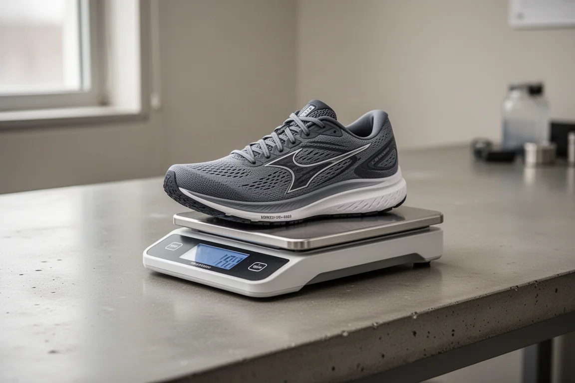 Running shoe on a digital scale showing its weight check