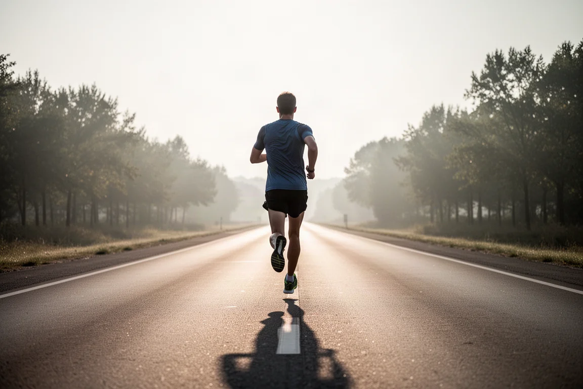 Runner on an open road during a steady morning training run