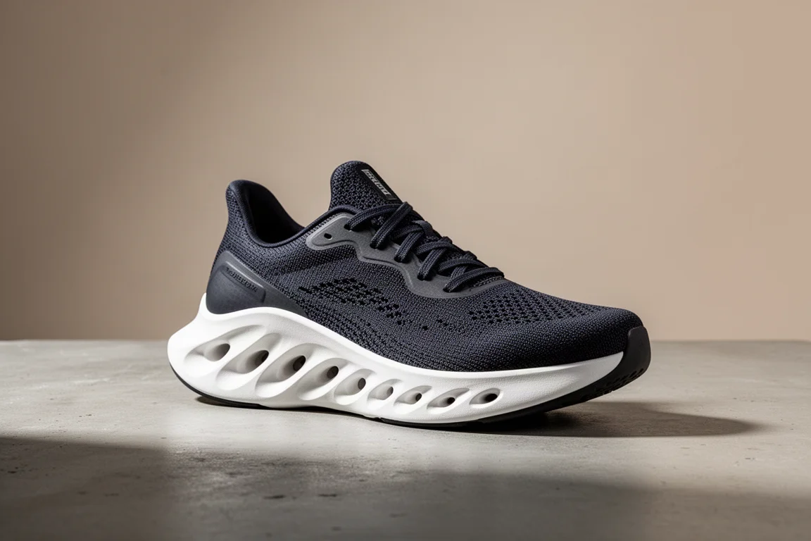 On Cloudsurfer running shoe with sculpted perforated white midsole on concrete