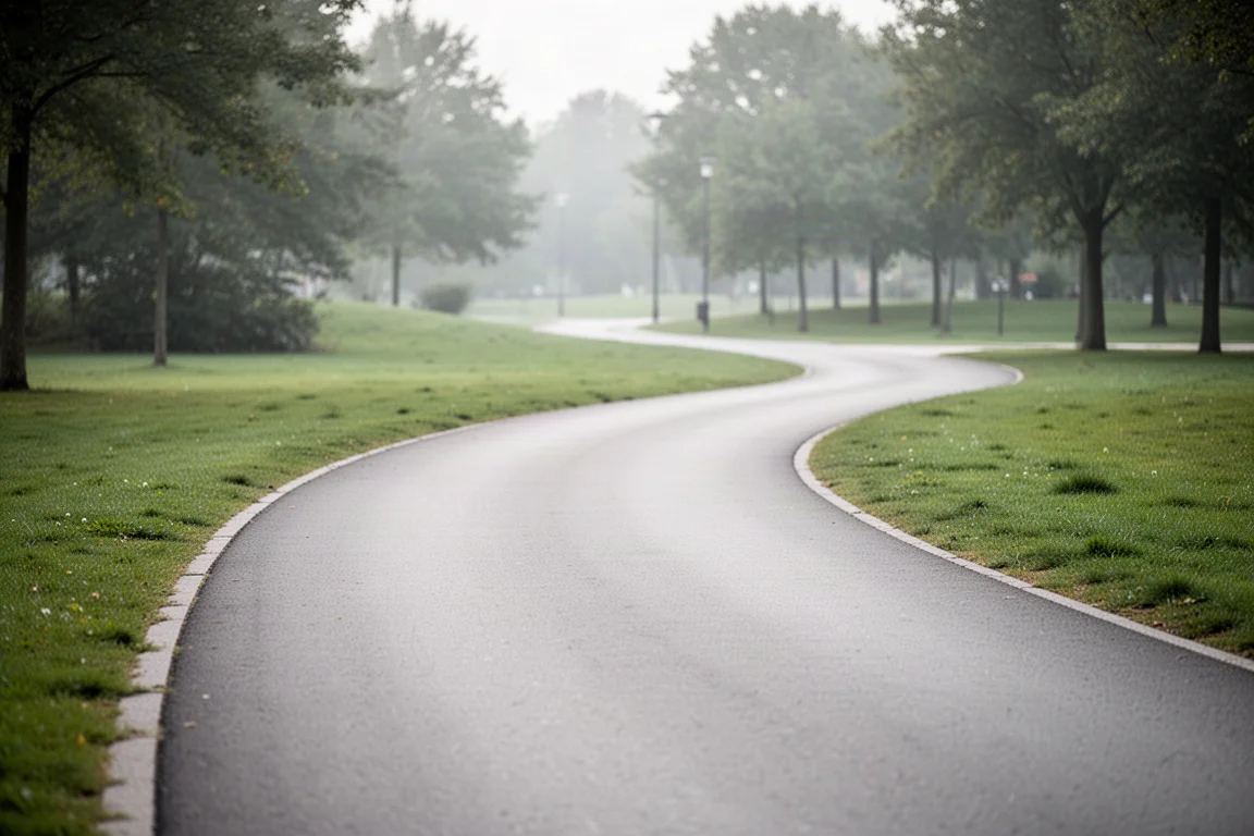 Ruhiger, geschmeidiger Weg, der sich in weichem Licht durch grüne Parklandschaft schlängelt