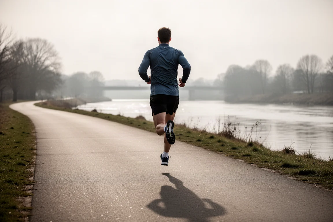 Läufer mitten im Schritt beim lockeren Joggen entlang eines Flusspfads