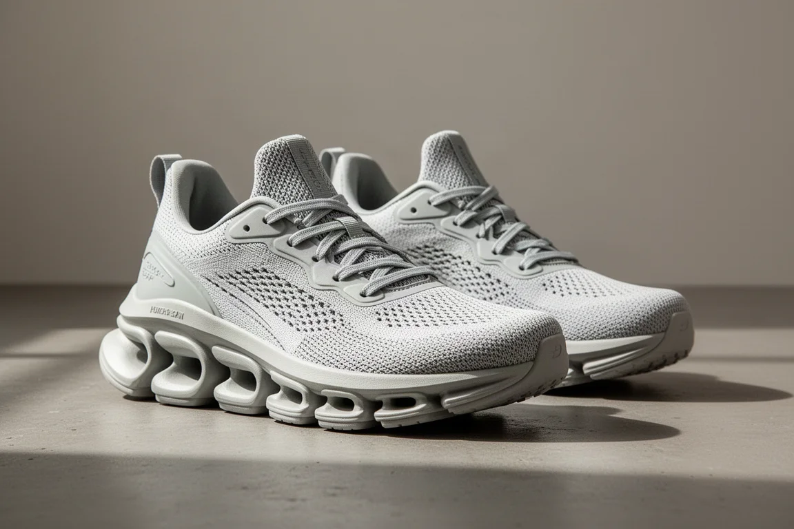 Pair of high-stack running shoes with layered segmented midsole on concrete