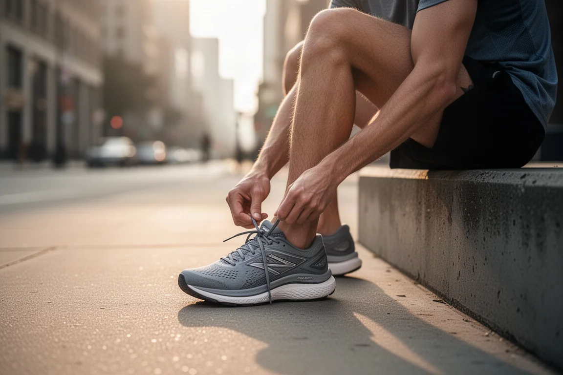 Runner lacing up a tall cushioned running shoe on a city sidewalk at dawn