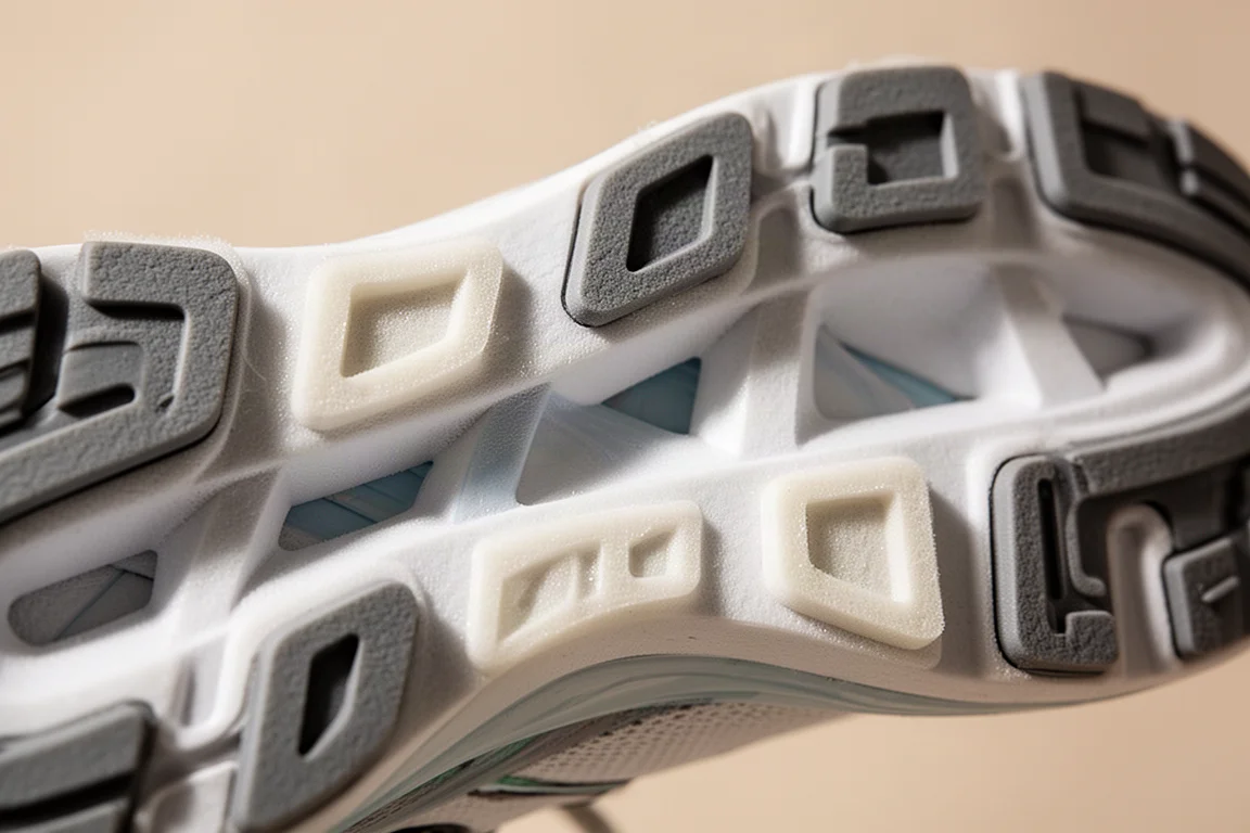 Close-up of a segmented midsole with cutout foam sections compressing on impact