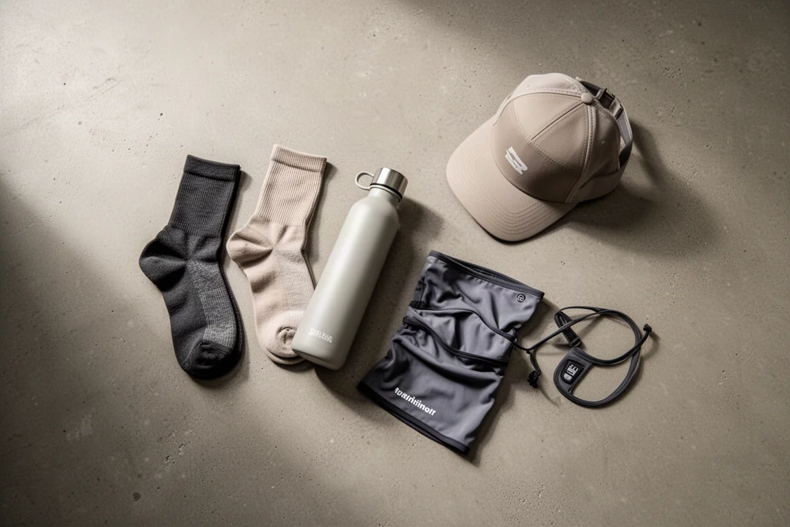 Flat-lay of running shoes, socks, and a water bottle arranged on a concrete floor
