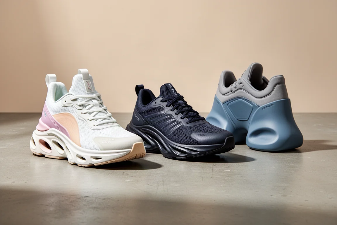 Three max cushion running shoes lined up on a concrete surface