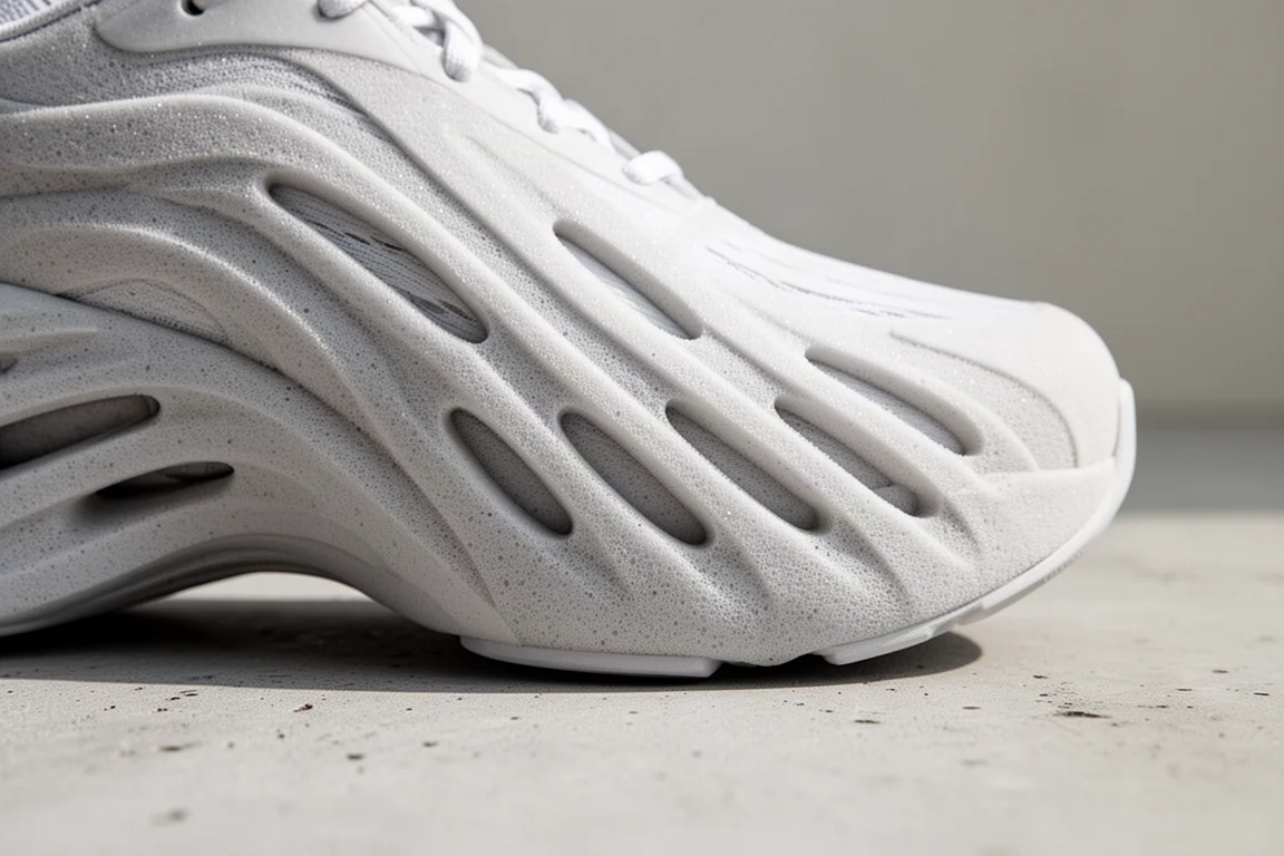 Primo piano della tomaia imbottita di una scarpa da running con mesh ingegnerizzato a doppio strato e collo morbido
