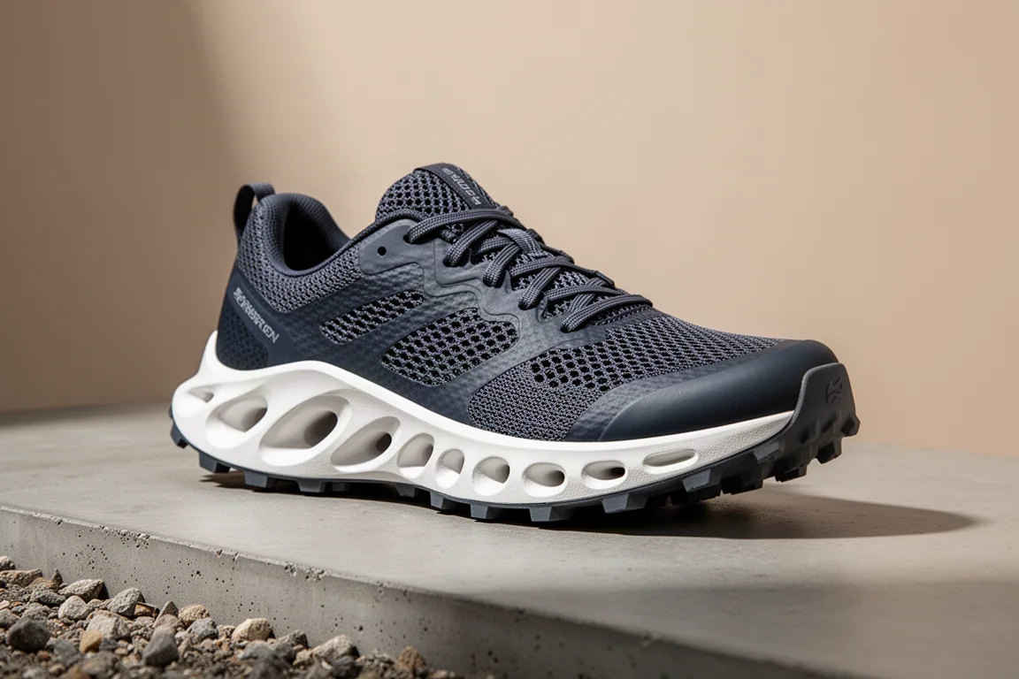 On Cloudsurfer Trail running shoe on a concrete surface with gravel at the edge