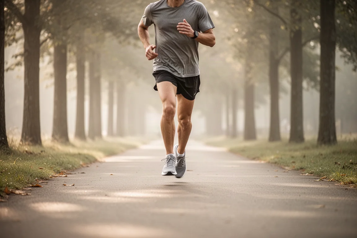 Runner cruising along a tree-lined paved path in soft morning light