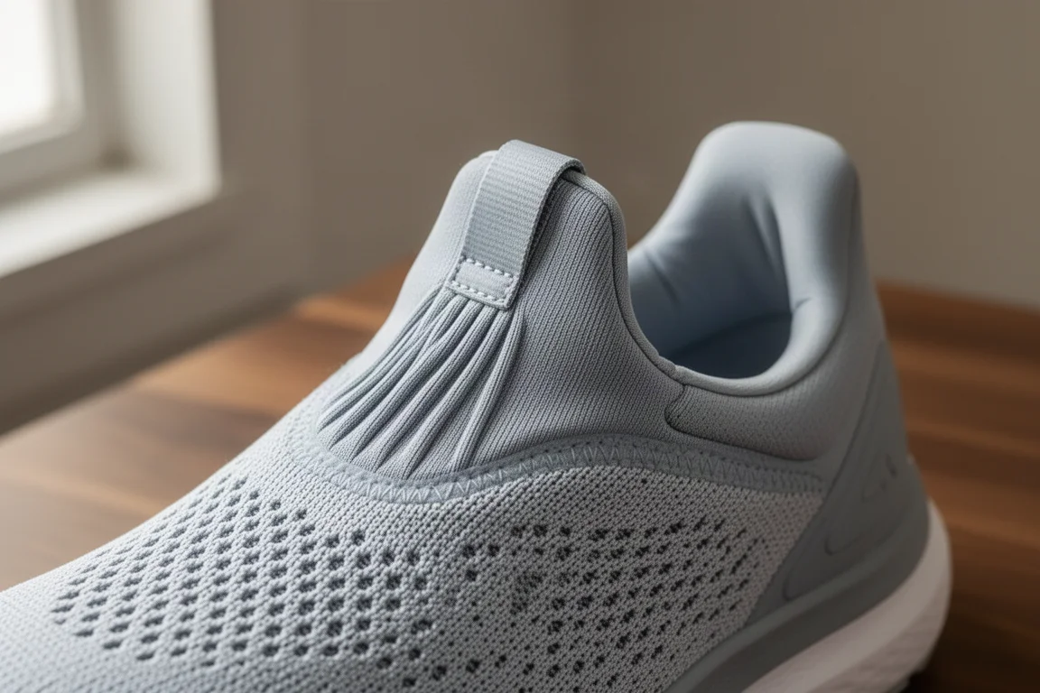 Close-up of a plush padded shoe tongue and collar on a running shoe