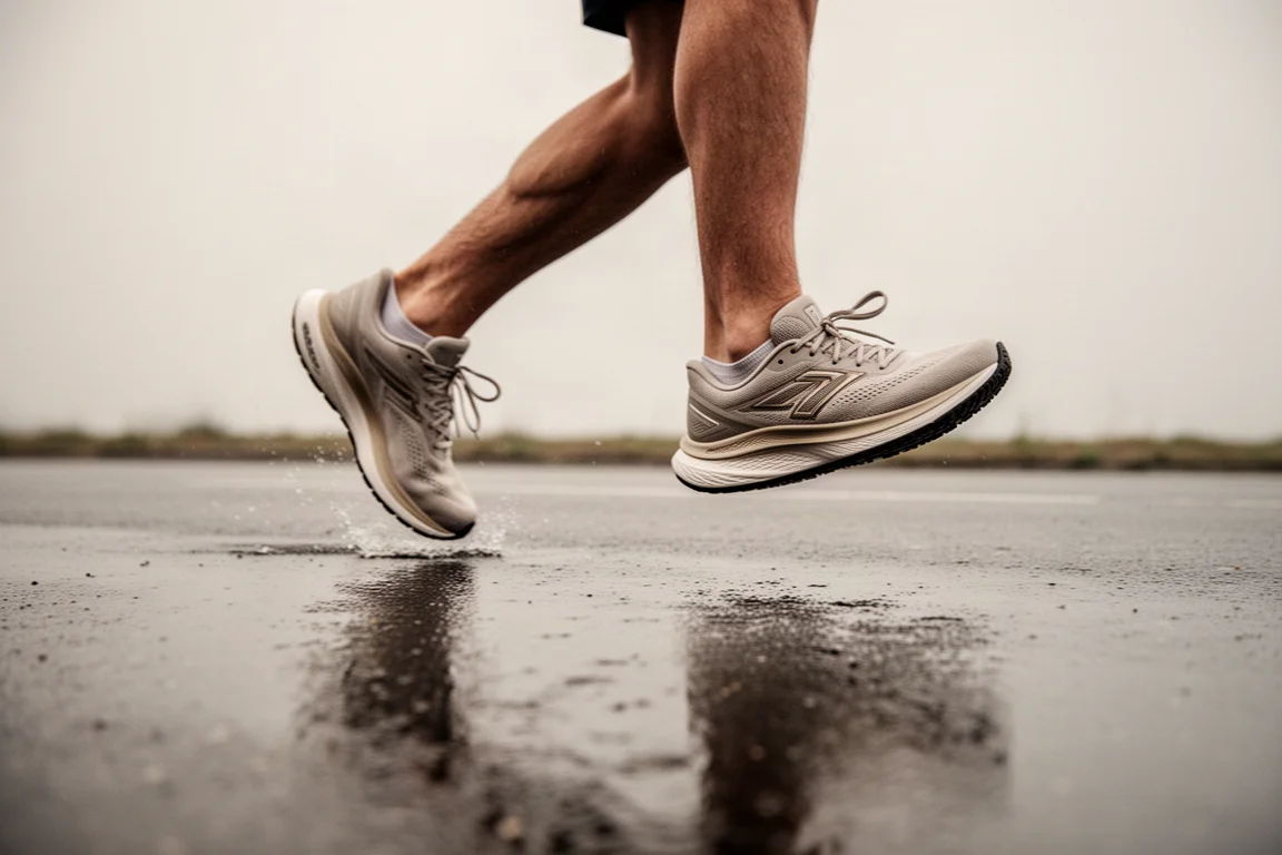 Runner landing on a quiet suburban road in soft overcast light