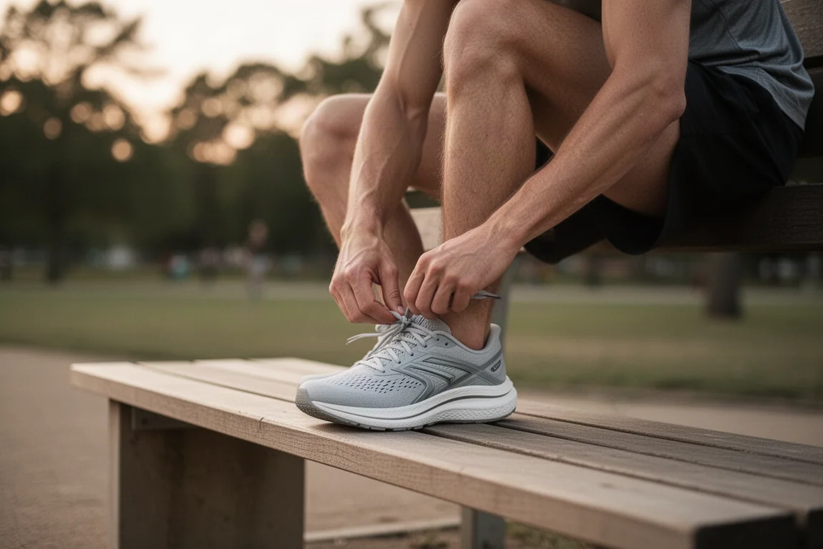 Runner tying laces on a bench before an easy recovery run