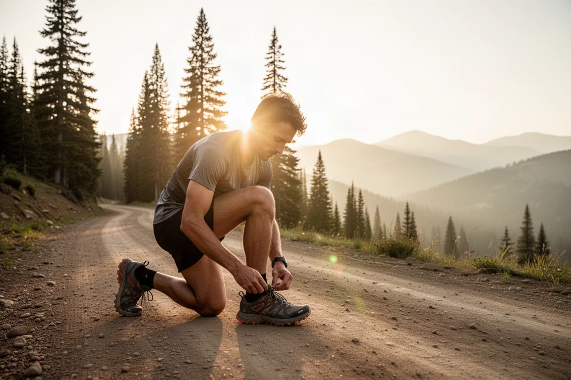 Trail runner lacing up shoes on a mountain dirt road at sunrise