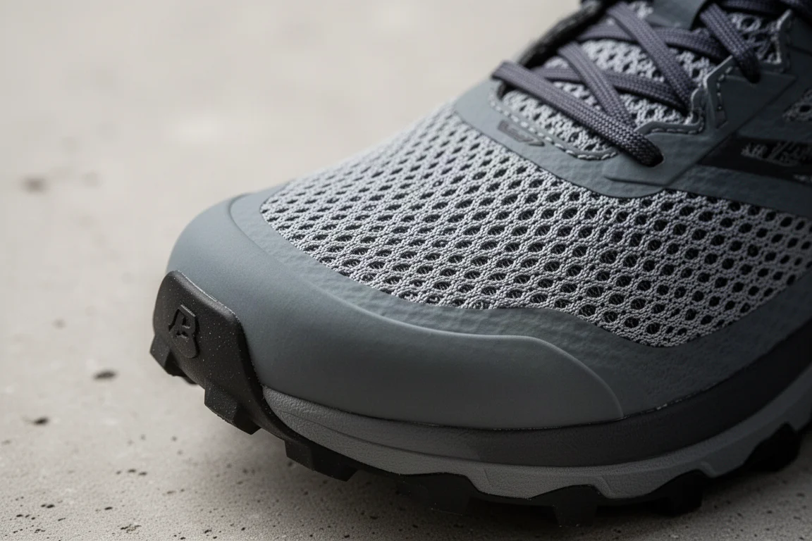 Close-up of a breathable mesh shoe upper with a stout rubber toe cap
