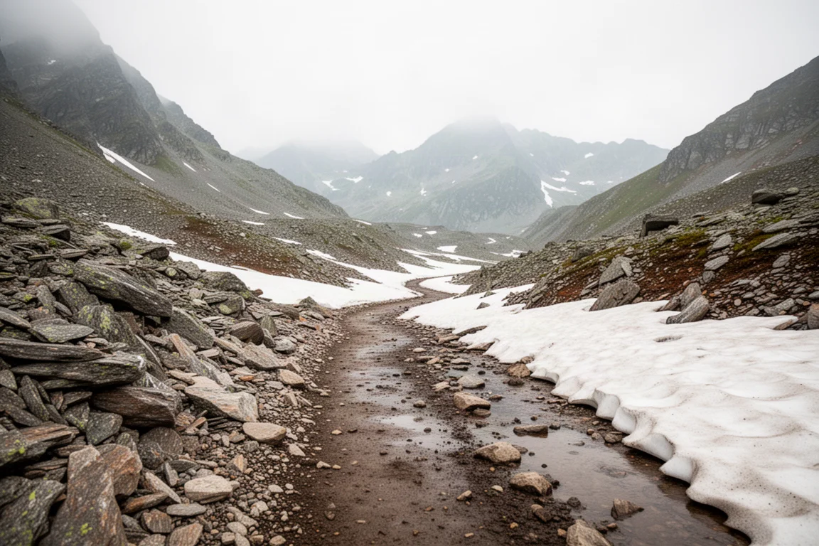 Rocky alpine trail winding through high mountain terrain