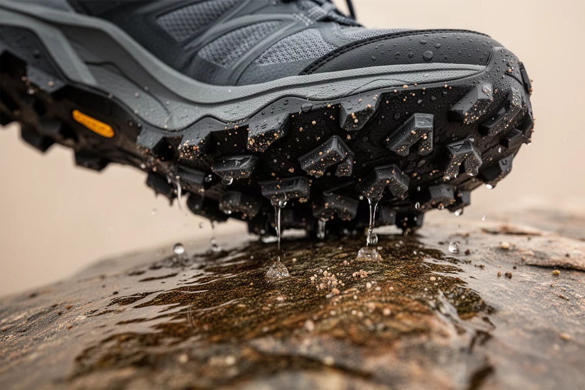 Close-up of a tacky rubber trail outsole gripping wet rock