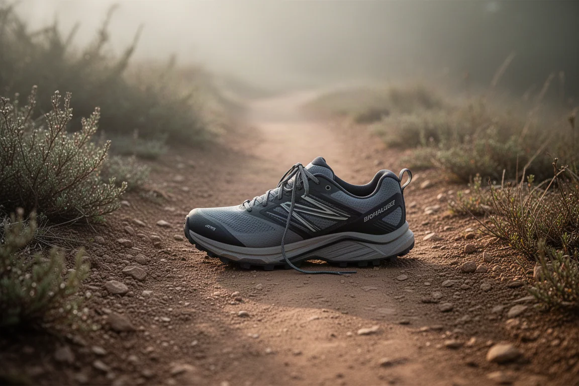 Trail running shoe on a hard-packed dirt trail surrounded by low vegetation