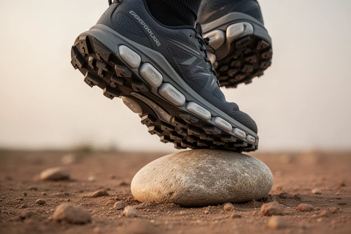 Close-up of a flexible trail shoe midsole bending over a rock on soft dirt