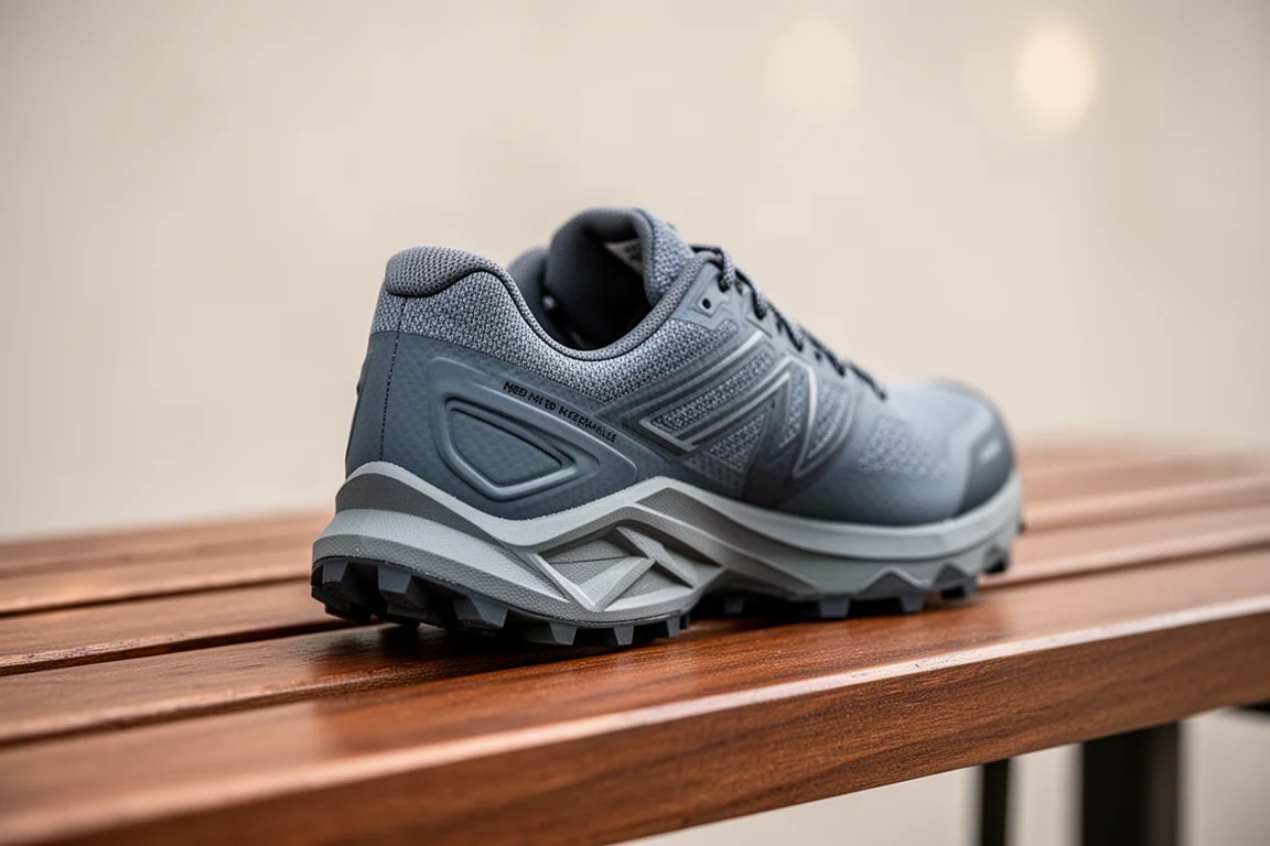 Runner's heel view of a flexible heel counter on a trail shoe on a wooden bench