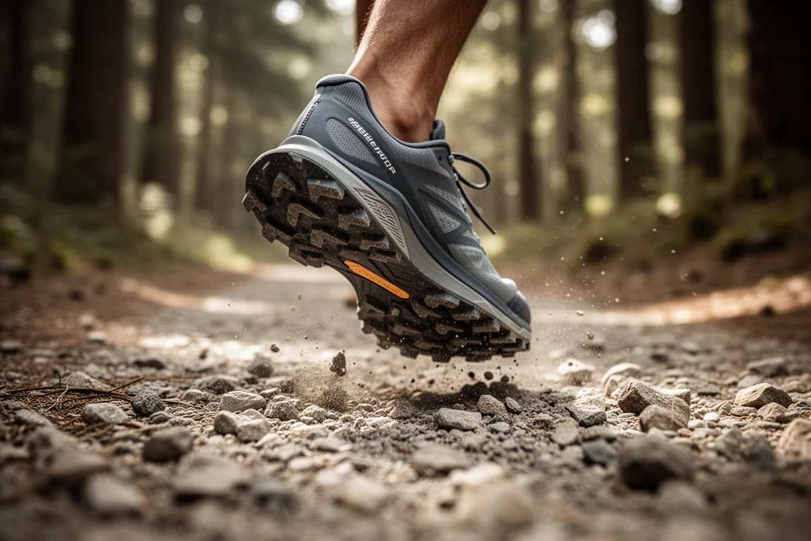 Lugged trail shoe outsole treading across loose gravel on a forest path