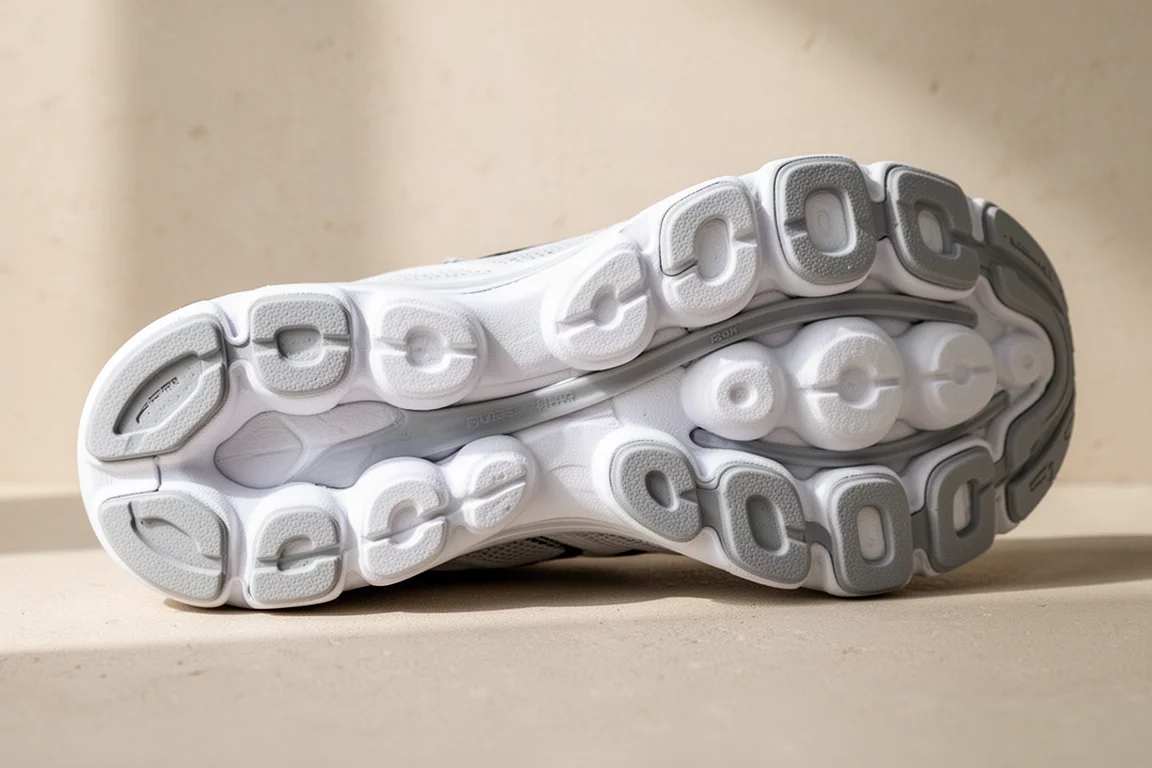 Runner's midsole close-up showing segmented cloud-shaped foam pods underfoot