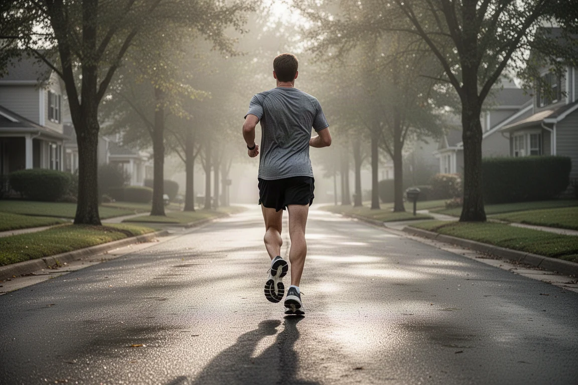 Runner heading out on an easy morning run on quiet suburban pavement