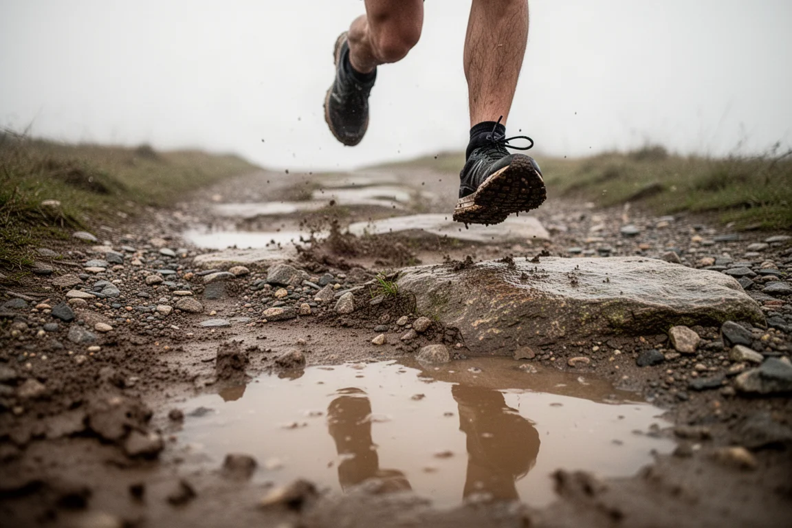 Muddy trail section where a road-to-trail shoe keeps footing