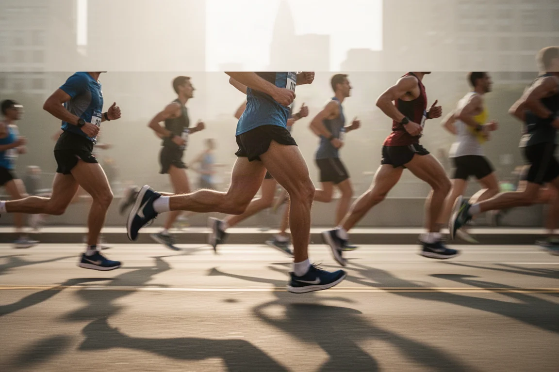 Runners racing a 5K on open roads at pace