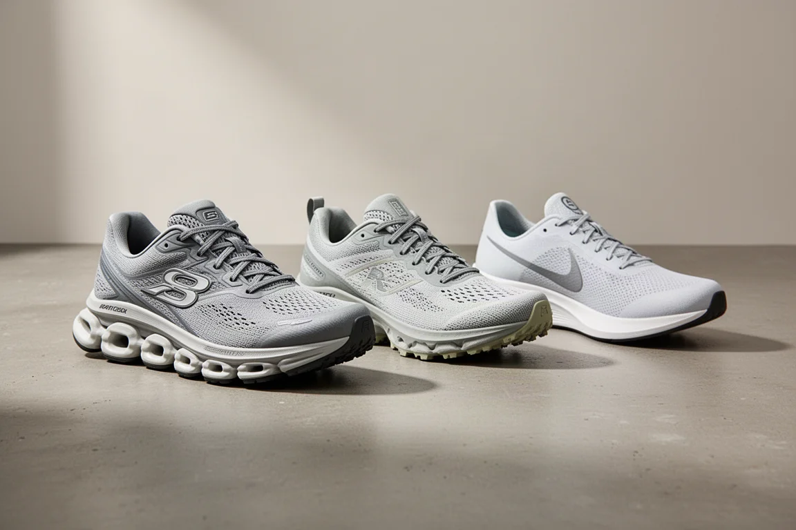 Three On Running shoes, a max-cushion trainer, a trail shoe, and a racer, on concrete